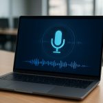 A laptop displaying a digital microphone icon and sound wave visualization on its screen