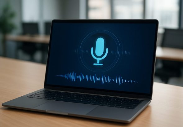 A laptop displaying a digital microphone icon and sound wave visualization on its screen