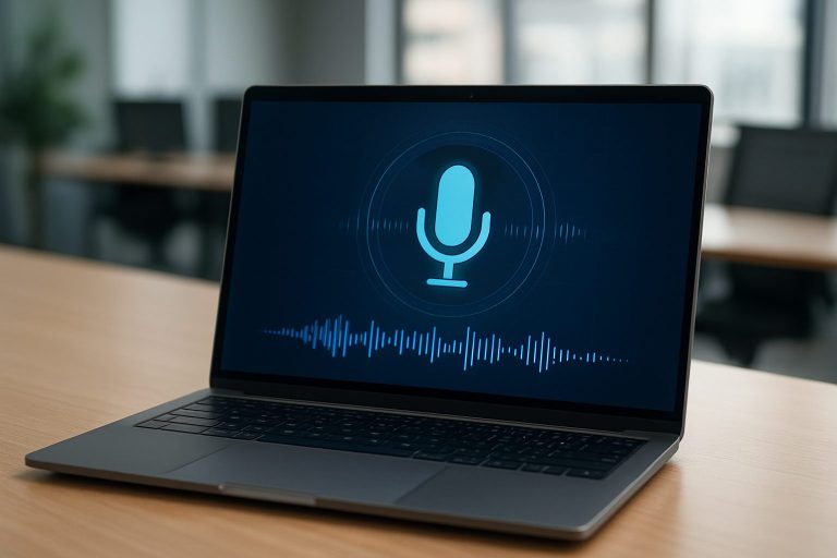 A laptop displaying a digital microphone icon and sound wave visualization on its screen