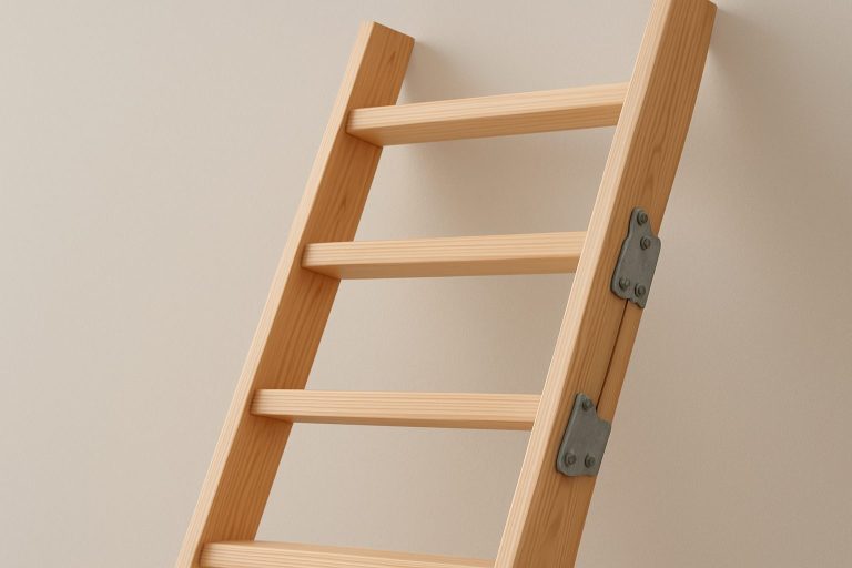 A wooden loft ladder leaning against a wall, showcasing a simple and functional design.